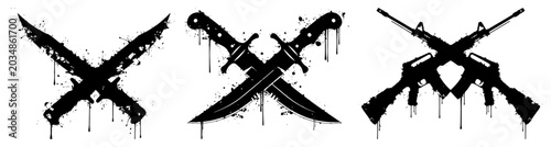 Fotografía crossed tactical weapons knives and assault rifles grunge silhouettes