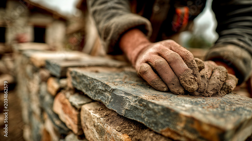 stonemason building stone wall outdoors