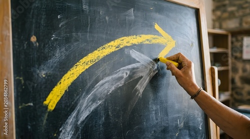 Hand a bright yellow chalk arrow on a black chalkboard, representing growth, progress, and upward direction