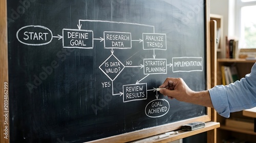 Hand a business process flowchart with white chalk on a dark black classroom chalkboard, strategy planning steps