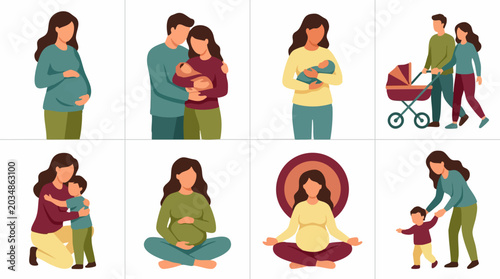 Bild auf Leinwand Pregnancy and Motherhood Journey Illustrations: Stages of Family Life