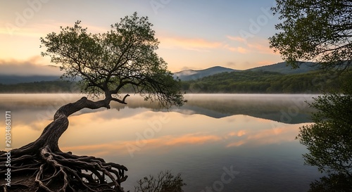 Solitary ancient tree with exposed roots overlooking a serene misty lake at sunrise amidst rolling mountains and soft golden morning light in a calm nature scene