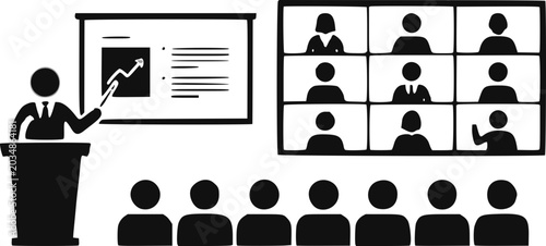 Foto Online business meeting with presenter and remote team members in virtual conference on screen, teamwork and collaboration concept, black and white illustration