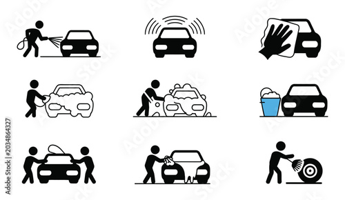 Car Wash Service icon set featuring Cleaning, Soap, Water and Auto Detailing symbols, vector illustration for Automotive Care and Maintenance concepts.