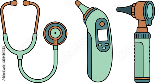 Tableau sur toile Medical diagnostic tools collection stethoscope digital thermometer and otoscope