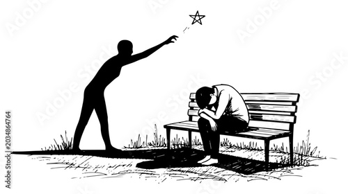 Photos Sad man sitting on bench with silhouette reaching for star in hand drawn sketch