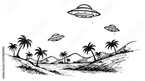 Konstfotografi Flying saucers hovering over a tropical beach landscape with palm trees in hand