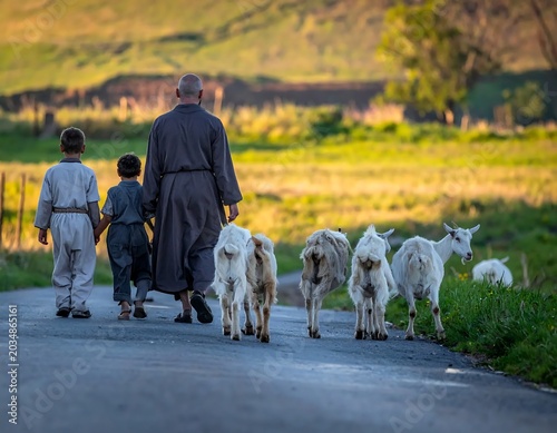 Farmer walking with sheep on rural road at sunset.