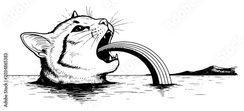 Fotografia Cat head in the water with a striped rainbow arching out of its open mouth in su