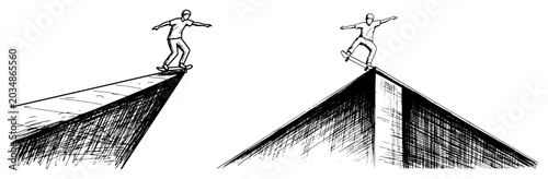 Photos Skateboarders performing tricks on street concrete ramps in hand drawn sketch st