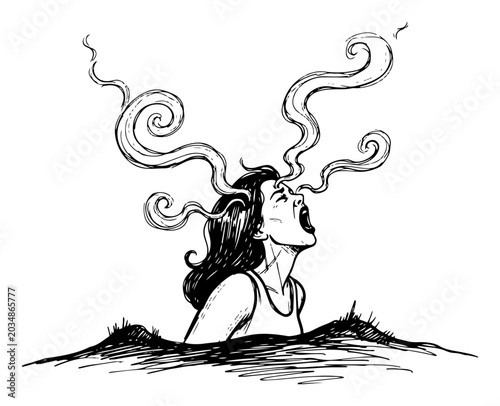 Quadro su tela Woman screaming with swirls of smoke rising from her mouth and head in expressiv