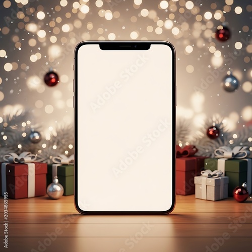Blank smartphone screen mockup displayed on a polished wooden table surrounded by festive christmas gift boxes and glowing bokeh lights in a cozy holiday setting