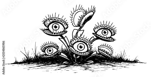 Foto Venus flytrap plants with human eyes inside mouths in hand drawn sketch style