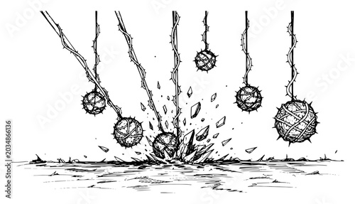 Bild auf Leinwand Spiked swinging balls hanging from thorny vines smashing into ground in detailed