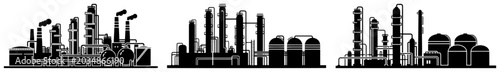 Photos Oil refinery and chemical plant silhouette panoramas in flat black vector style