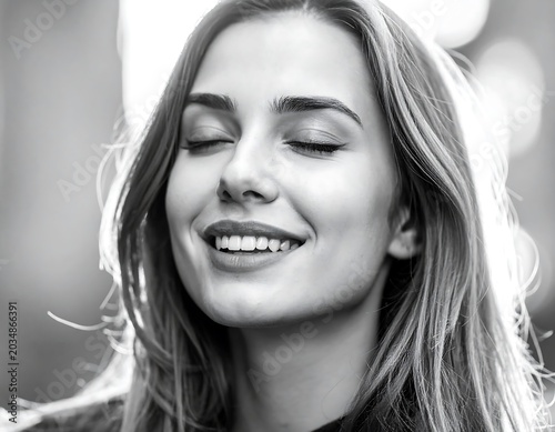 Black and white portrait of a young woman with closed eyes and a radiant smile. Natural light illuminates her face, creating a soft glow