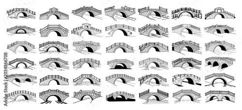 Foto Canal bridges and traditional arched stone bridge designs in hand drawn line art