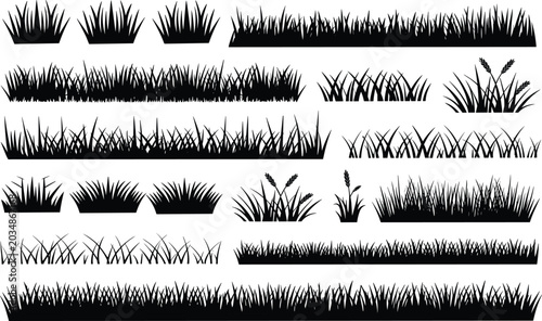 Grass Silhouette Borders and Nature Elements Collection Featuring Wild Meadow Plants Lawn Edges and Decorative Botanical Design Set