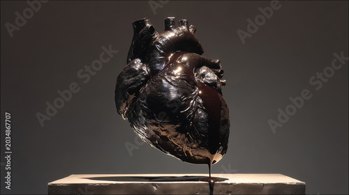 Abstract sculpture of a human heart with dark material seeping from within.
