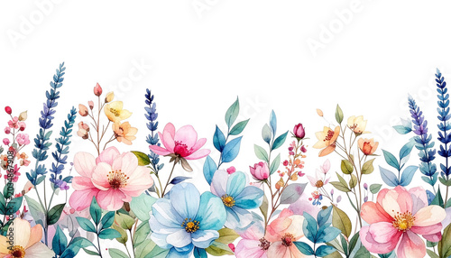 Colorful watercolor meadow plants border lining the bottom of the page