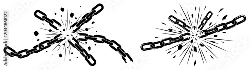 Fotografía Broken metal chains shattering with explosion sparks and flying pieces black gra