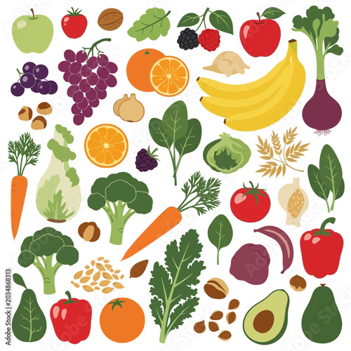 Foto Healthy Food Assortment: Fruits, Vegetables, Nuts & Seeds
