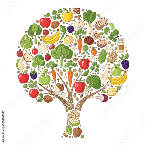 Quadro su tela Healthy Food Tree Illustration: Fruits, Vegetables, Grains, and Honey