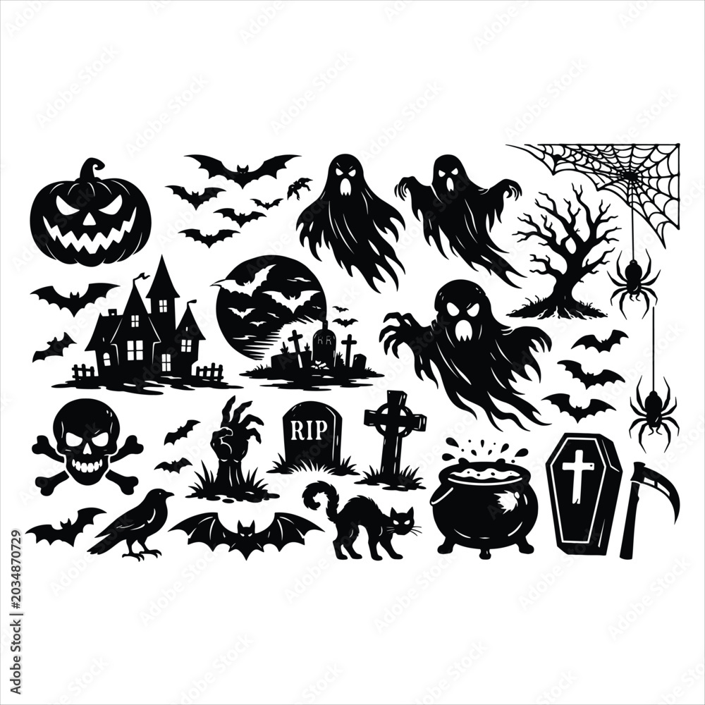 Fototapeta premium Halloween vector set with pumpkin, ghost, bat, black cat, witch hat, spider, and spooky holiday elements for autumn celebration design