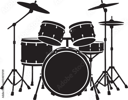 Photos Black drum kit silhouette vector, musical percussion instrument set with cymbals