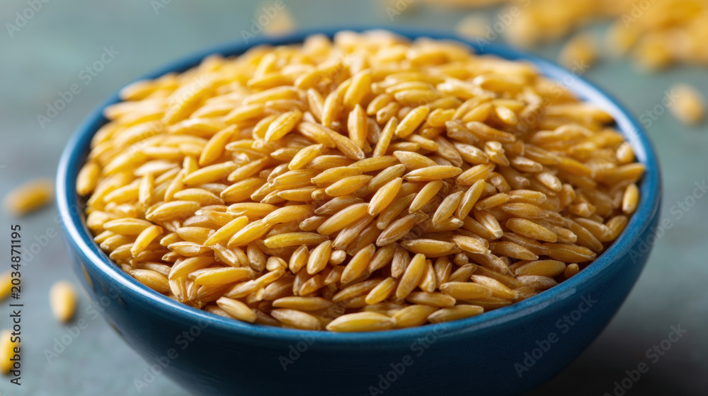 Obraz premium Cooked grain in blue bowl, close up macro view of golden oat grain, food texture with soft light and shallow depth