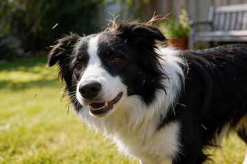 Close-up of happy black and white Border Collie dog with grass on fur outdoors
