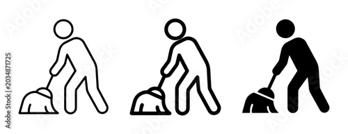 Photos Cleaning Icons Set, Person Sweeping Floor, Housekeeping Symbol, Vector Graphics