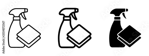 Photos Cleaning Spray Bottle and Cloth Icons, Set of 3, Vector Graphics for Hygiene and