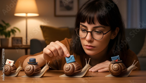 Curious young woman with glasses watching cute snails carrying tiny mail envelopes and hats on a wooden table, cozy indoor lighting, surreal snail mail concept, generative AI