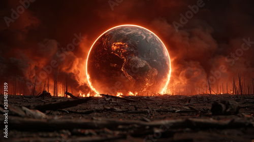 Planet Earth burning globe apocalyptic scene fiery horizon dark smoke destroyed landscape disaster background climate crisis global warming end of world