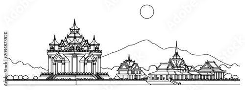 Photos Southeast Asian temple complex with mountains and sun in clean line art style