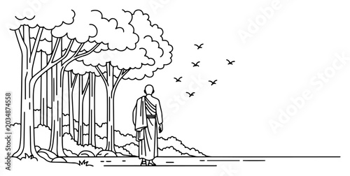Foto Person in robes walking through forest toward horizon in minimalist line art sty