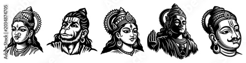 Foto Hindu gods portraits set featuring Shiva Hanuman and Rama in detailed traditiona