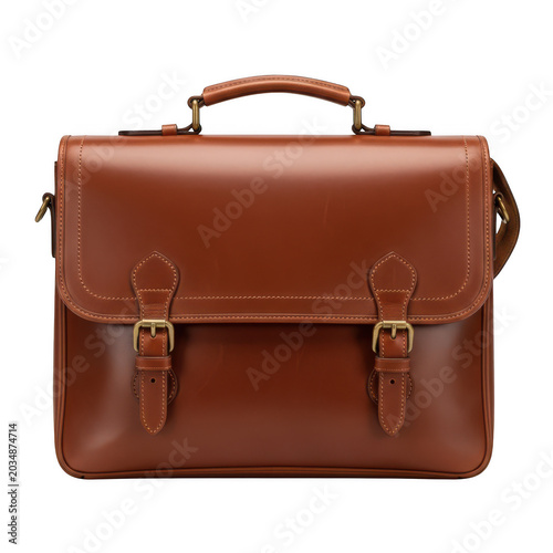 Brown leather briefcase with brass clasps isolated on transparent background