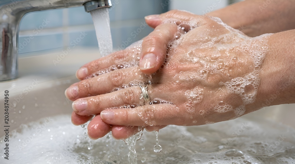 Fototapeta premium Washing Hands with Soap: Hygiene, Cleansing in Bathroom