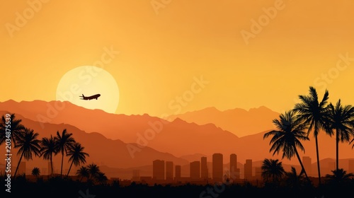 Airplane flying over tropical city skyline with palm tree in sunset. Summer vacation travel concept. Silhouette of aircraft against bright sun at orange mountain landscape background.