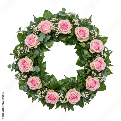 Pink roses wreath decoration with green leaves isolated on transparent background
