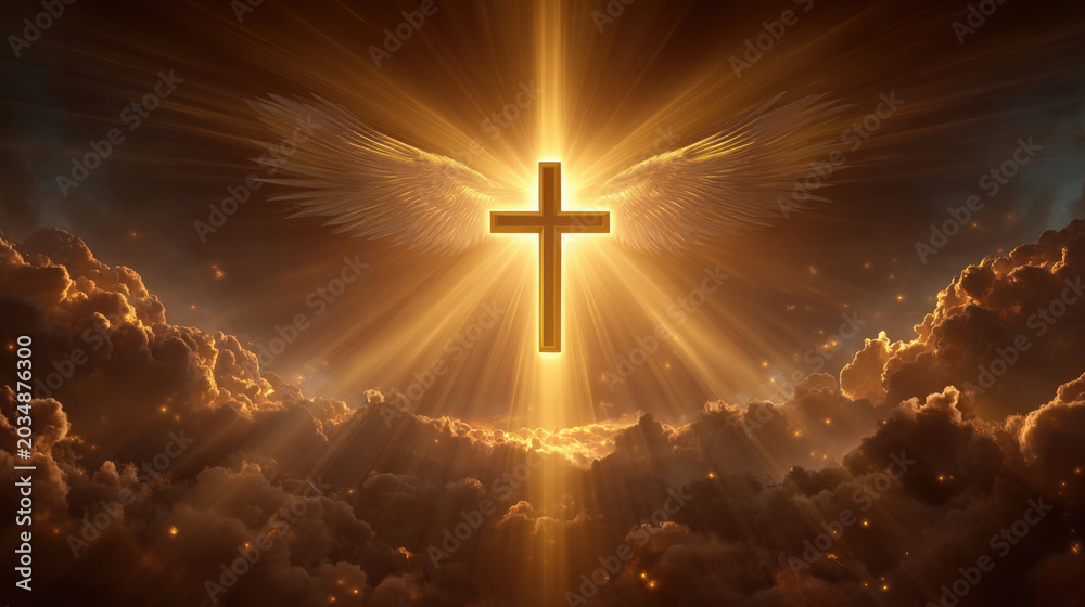 Obraz premium Golden cross in radiant sky above cloud, spiritual symbol with angel wing and sun ray, glowing faith, heaven, religion, worship