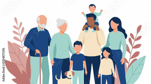 Photography Multi-generational family with pet dog in flat style illustration