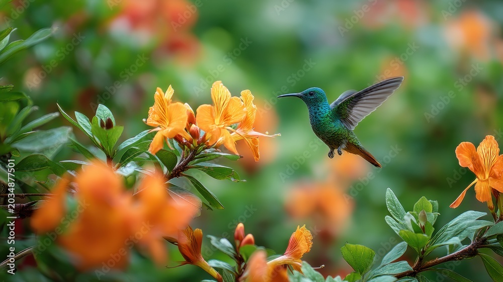 Obraz premium Hummingbird hovering near bright orange flowers. Small bird flying to drink nectar from blossom. Wildlife in nature, spring season, birdwatching and botanical beauty for garden theme.