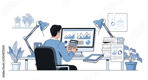 Male accountant working at office desk with computer and calculator analyzing financial charts and data with piles of documents and paper for bookkeeping.