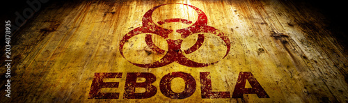 Ebola Warning Symbol: A stark and ominous biohazard symbol emblazoned with the word EBOLA on a weathered, distressed wooden surface, conveying a message of danger and warning.