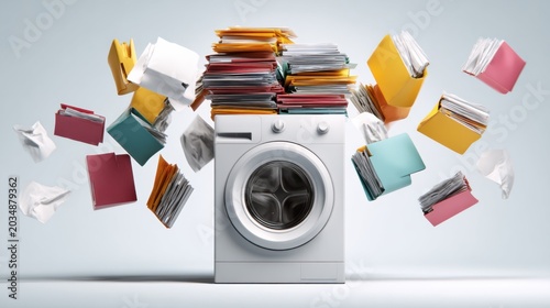 A washing machine with a pile of folders and papers flying out of it