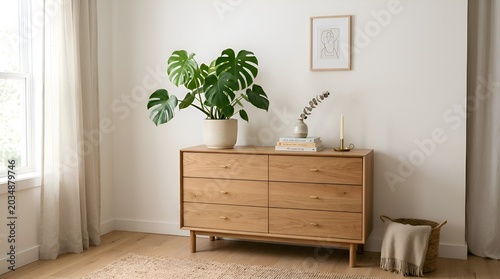 Modern wooden dresser with monstera plant and cozy interior decor