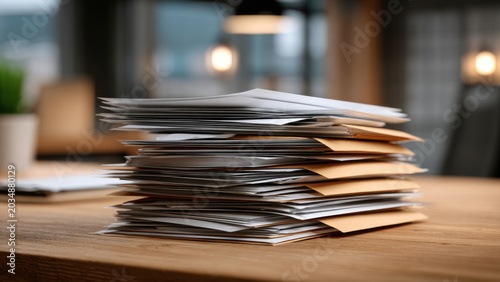 Stack of complaint letters and official paperwork on wooden desk in office, cluttered document pile with envelopes and forms
